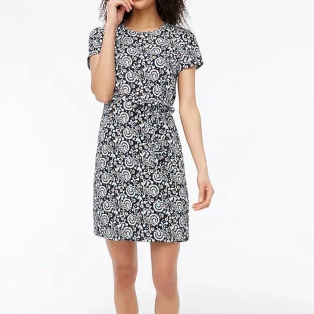 J.Crew Factory Navy Print Belted Dress Size 6 NWT | Short Sleeve Knee Length Dre